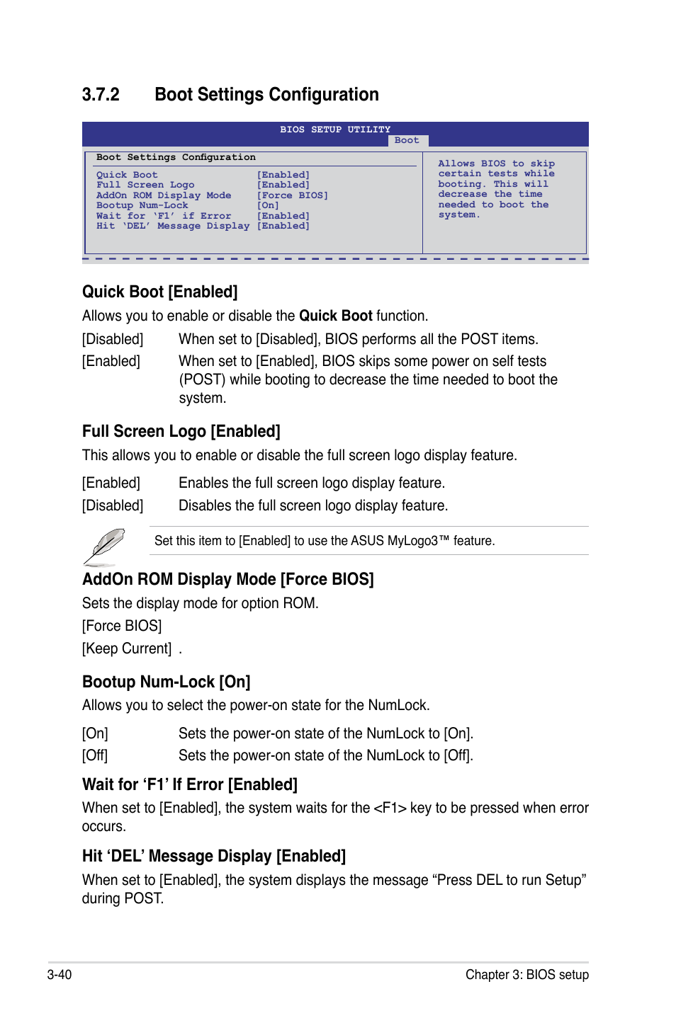 2 boot settings configuration, Quick boot [enabled, Full screen logo [enabled | Addon rom display mode [force bios, Bootup num-lock [on, Wait for ‘f�’ if error [enabled, Hit ‘del’ message display [enabled | Asus Crosshair III Formula User Manual | Page 114 / 170