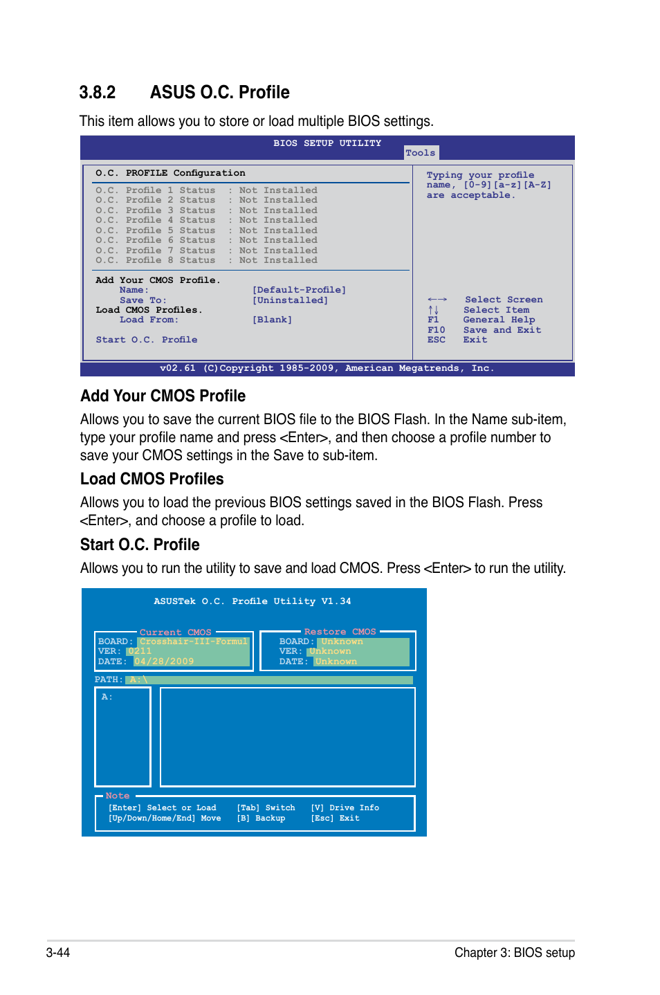 2 asus o.c. profile, Add your cmos profile, Load cmos profiles | Start o.c. profile | Asus Crosshair III Formula User Manual | Page 118 / 170