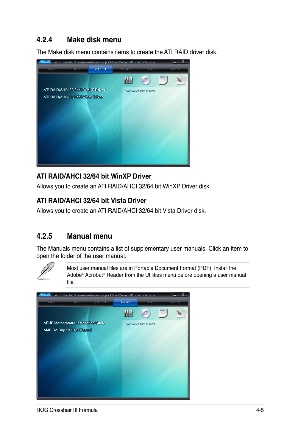 4 make disk menu, 5 manual menu | Asus Crosshair III Formula User Manual | Page 129 / 170