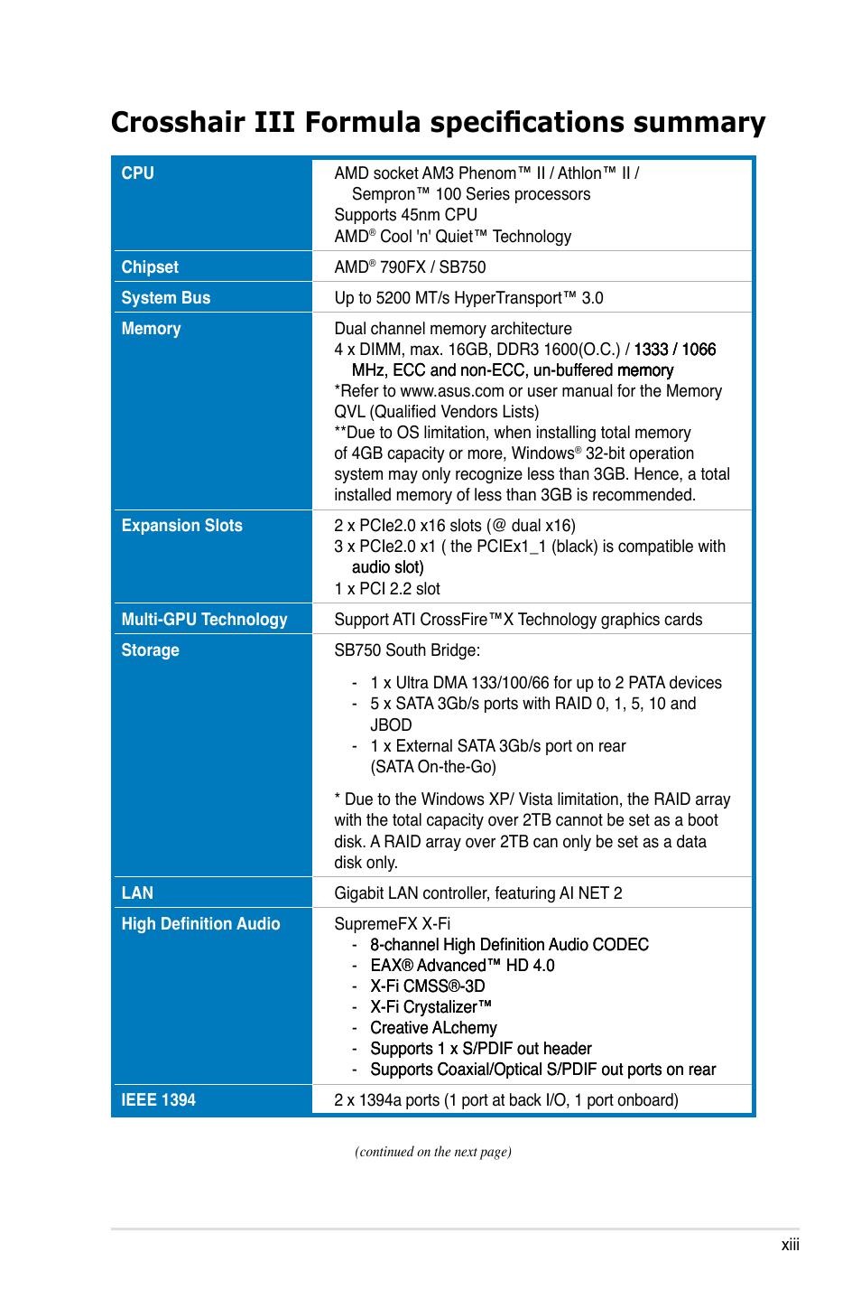 Crosshair iii formula specifications summary | Asus Crosshair III Formula User Manual | Page 13 / 170