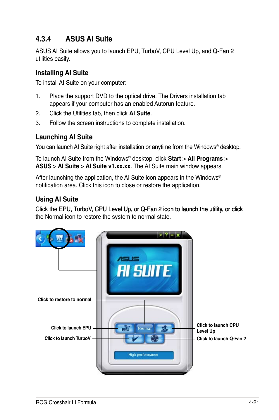 4 asus ai suite, Installing ai suite, Launching ai suite | Using ai suite | Asus Crosshair III Formula User Manual | Page 145 / 170