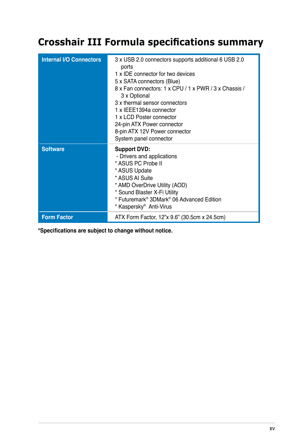 Crosshair iii formula specifications summary | Asus Crosshair III Formula User Manual | Page 15 / 170