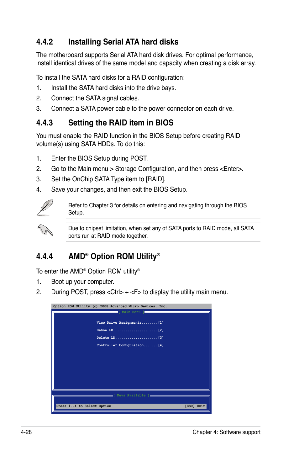 4 amd, Option rom utility, 3 setting the raid item in bios | 2 installing serial ata hard disks | Asus Crosshair III Formula User Manual | Page 152 / 170