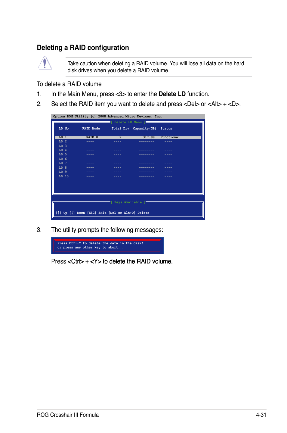 Deleting a raid configuration, The utility prompts the following messages, Rog crosshair iii formula 4-31 | Asus Crosshair III Formula User Manual | Page 155 / 170