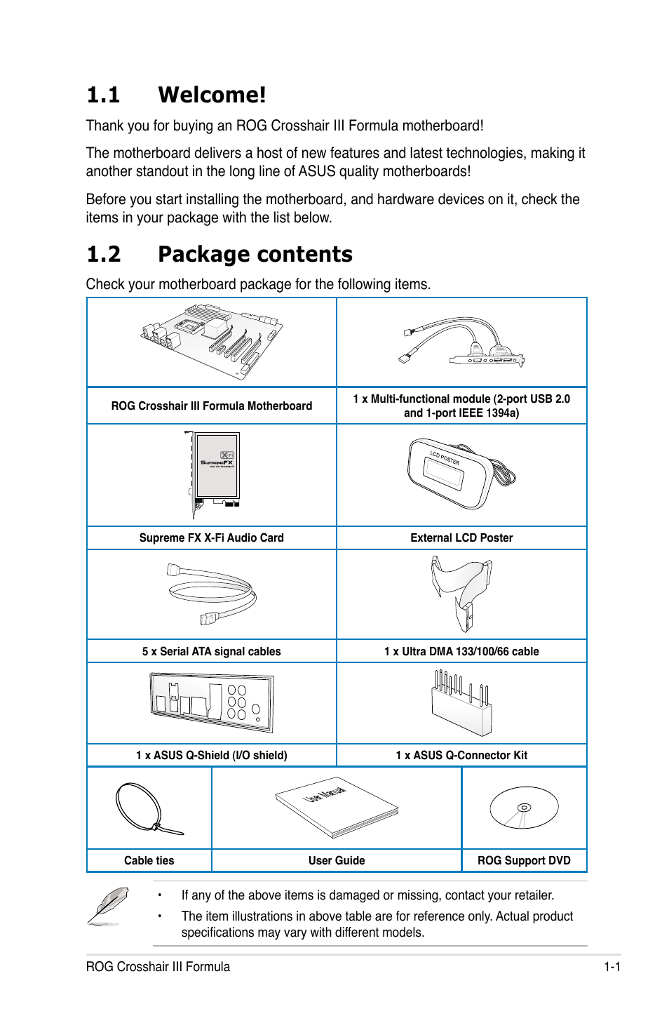 1 welcome, 2 package contents | Asus Crosshair III Formula User Manual | Page 19 / 170