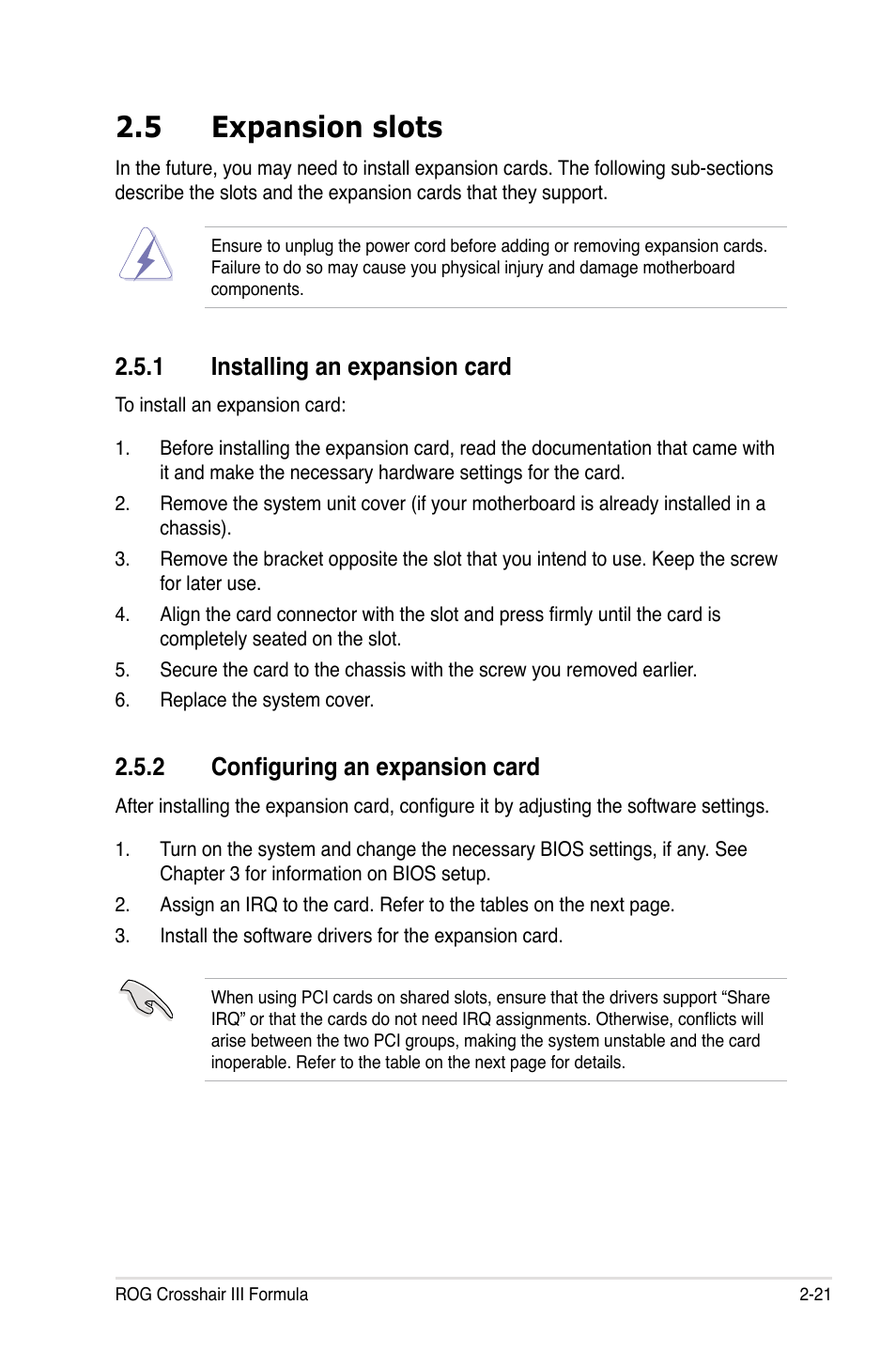 5 expansion slots, 1 installing an expansion card, 2 configuring an expansion card | Asus Crosshair III Formula User Manual | Page 49 / 170