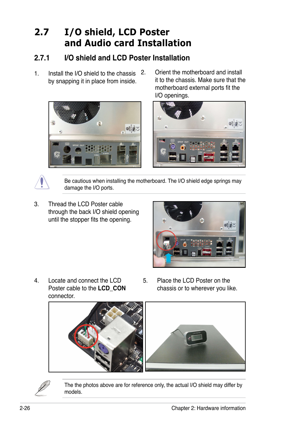 1 i/o shield and lcd poster installation | Asus Crosshair III Formula User Manual | Page 54 / 170