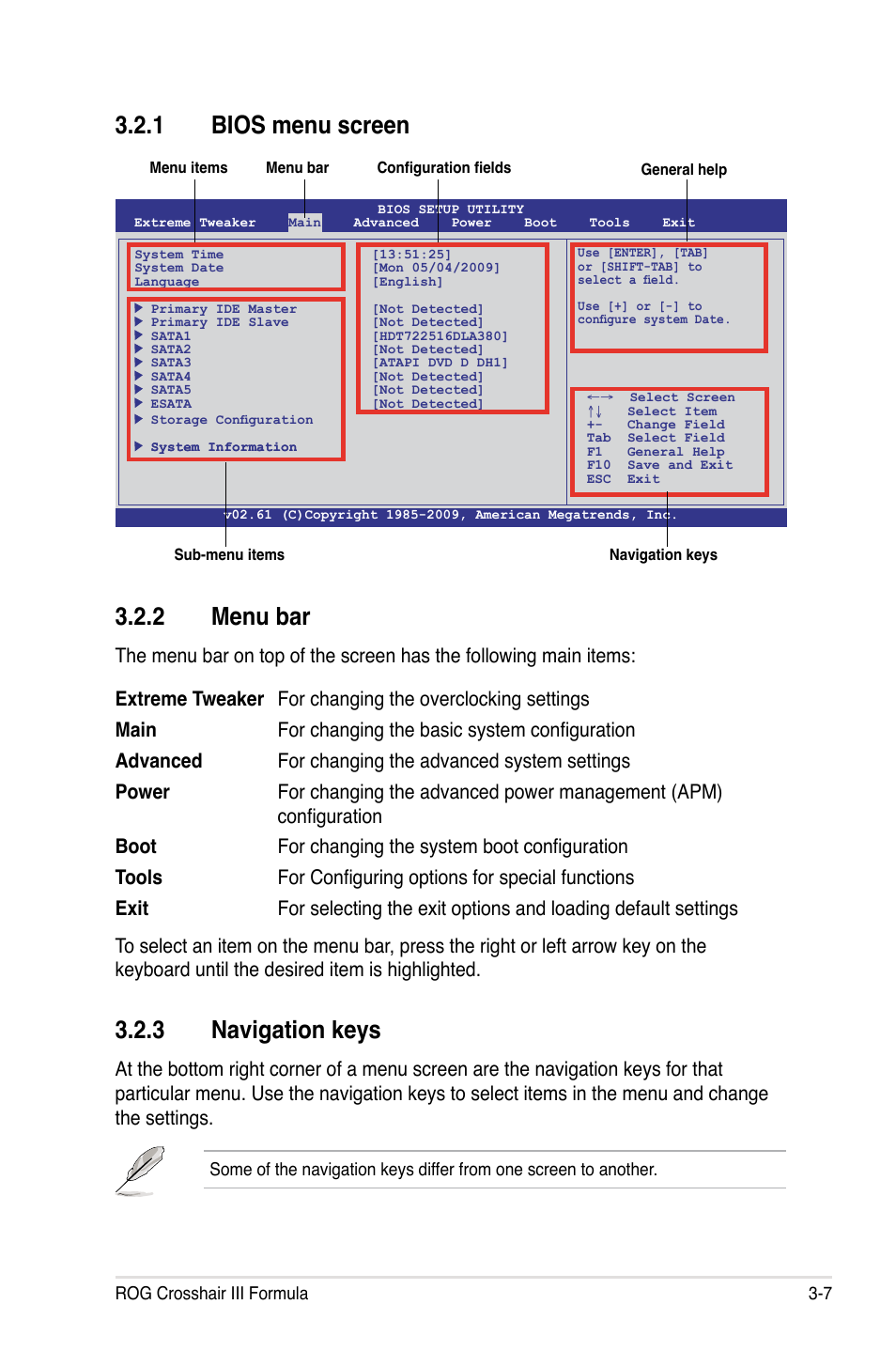 2 menu bar, 3 navigation keys, 1 bios menu screen | Asus Crosshair III Formula User Manual | Page 81 / 170