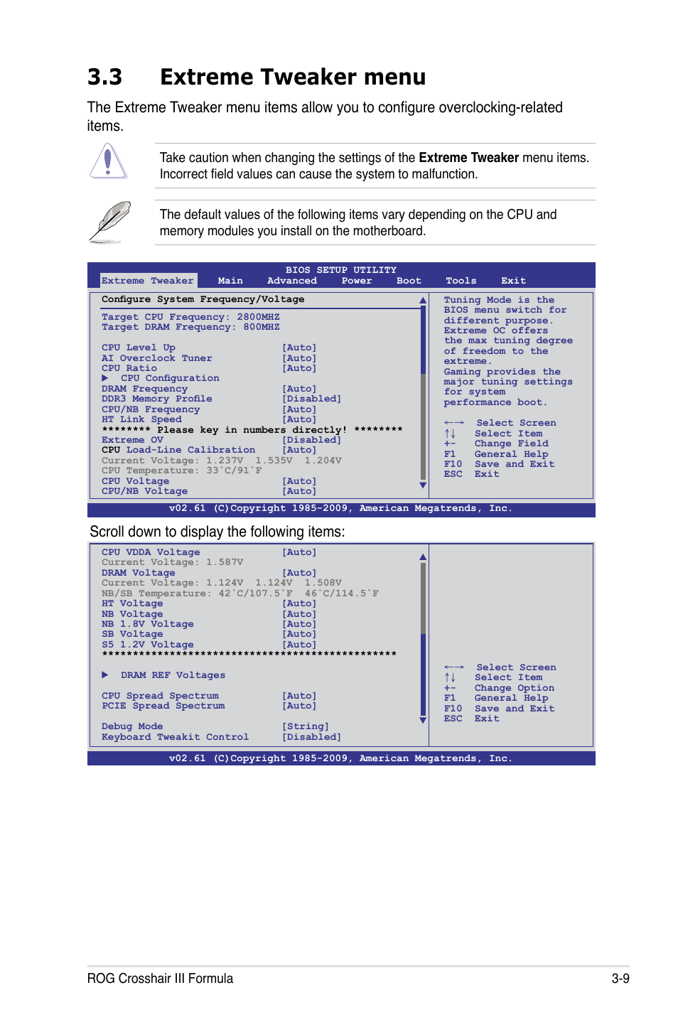 3 extreme tweaker menu, Scroll down to display the following items, Rog crosshair iii formula 3-9 | Asus Crosshair III Formula User Manual | Page 83 / 170