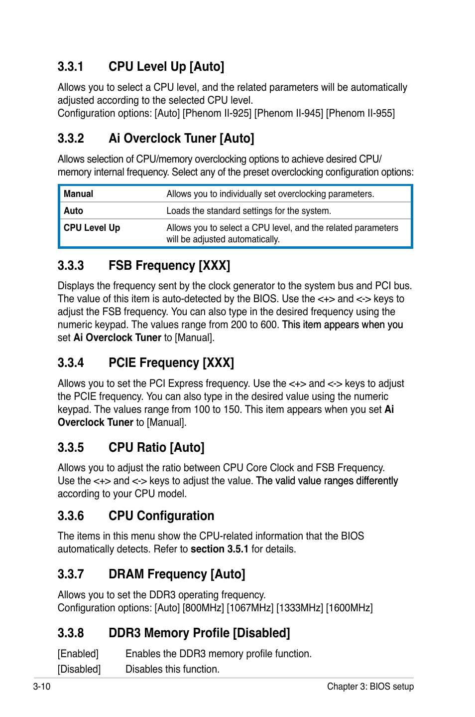 1 cpu level up [auto, 2 ai overclock tuner [auto, 3 fsb frequency [xxx | 4 pcie frequency [xxx, 5 cpu ratio [auto, Cpu configuration, 7 dram frequency [auto | Asus Crosshair III Formula User Manual | Page 84 / 170