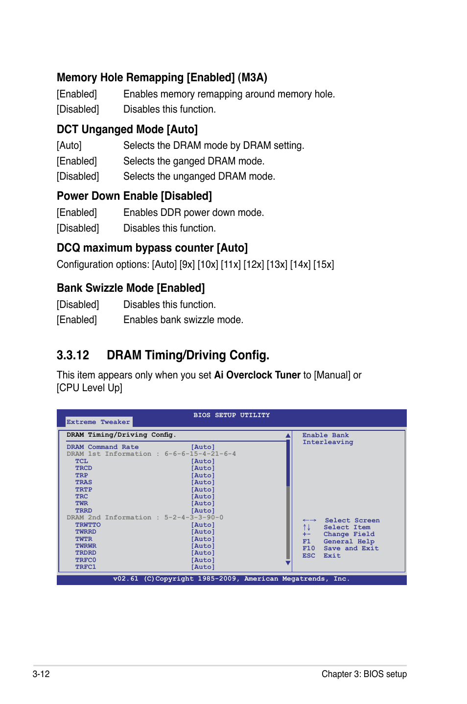 2 dram timing/driving config, Dct unganged mode [auto, Power down enable [disabled | Dcq maximum bypass counter [auto, Bank swizzle mode [enabled | Asus Crosshair III Formula User Manual | Page 86 / 170