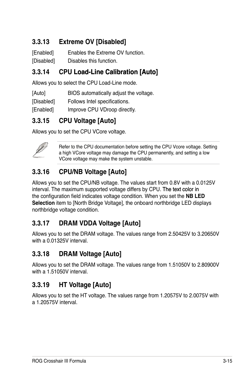 13 extreme ov [disabled, 15 cpu voltage [auto, 16 cpu/nb voltage [auto | 17 dram vdda voltage [auto, 18 dram voltage [auto, 19 ht voltage [auto | Asus Crosshair III Formula User Manual | Page 89 / 170