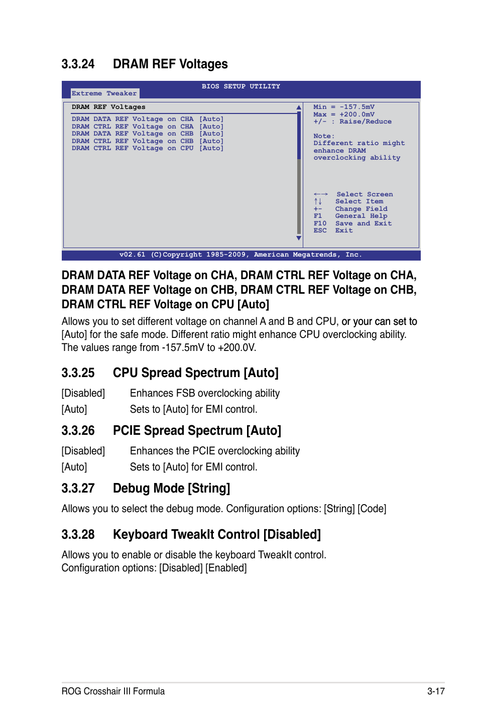 24 dram ref voltages, 25 cpu spread spectrum [auto, 26 pcie spread spectrum [auto | 27 debug mode [string, 28 keyboard tweakit control [disabled | Asus Crosshair III Formula User Manual | Page 91 / 170