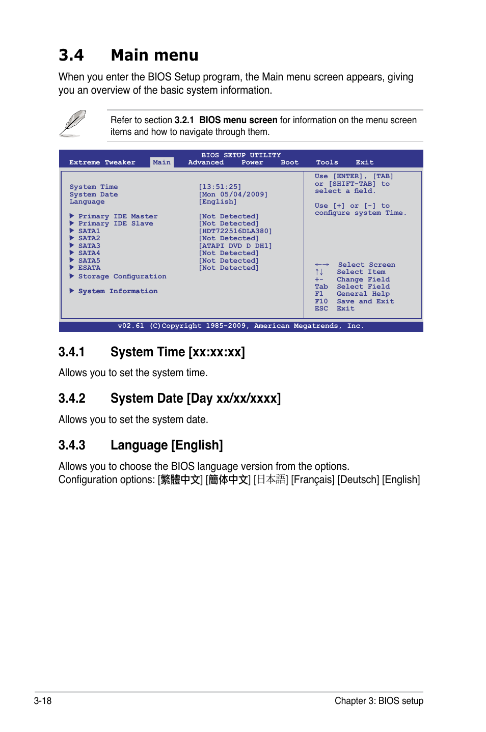 4 main menu, 1 system time [xx:xx:xx, 3 language [english | Allows you to set the system time, Allows you to set the system date | Asus Crosshair III Formula User Manual | Page 92 / 170