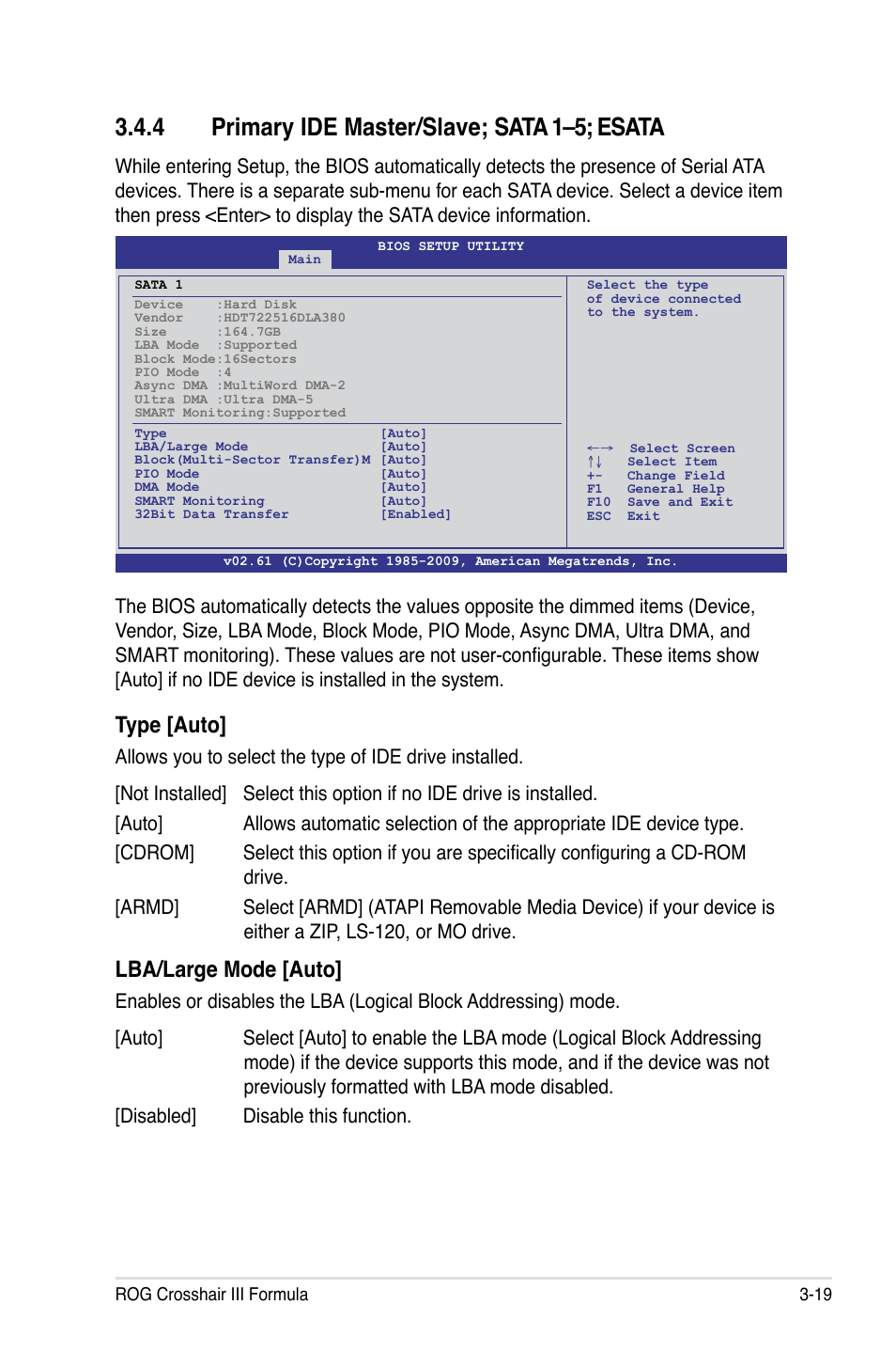 4 primary ide master/slave; sata 1–5; esata, Type [auto, Lba/large mode [auto | Asus Crosshair III Formula User Manual | Page 93 / 170