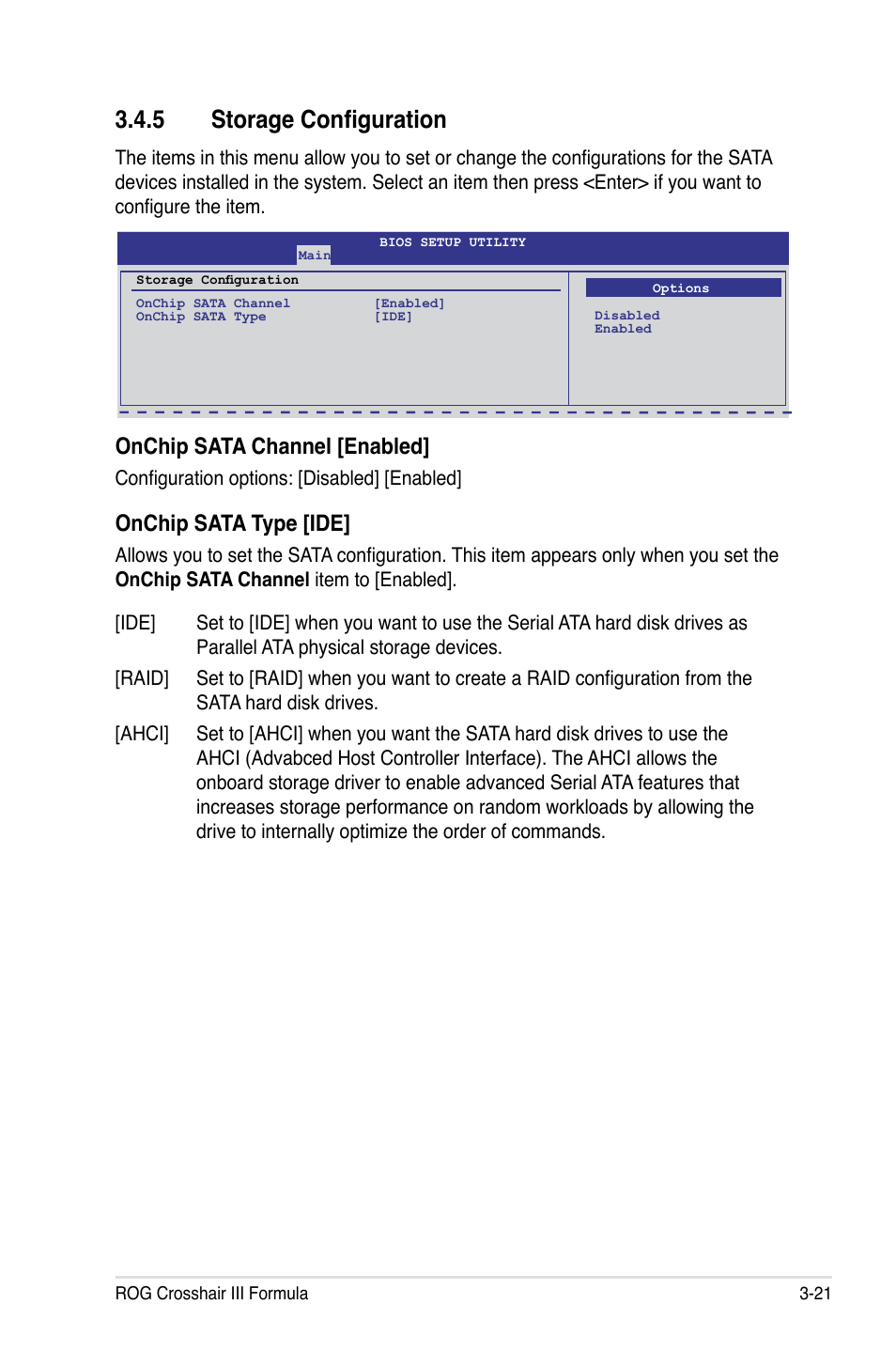 5 storage configuration, Onchip sata channel [enabled, Onchip sata type [ide | Asus Crosshair III Formula User Manual | Page 95 / 170