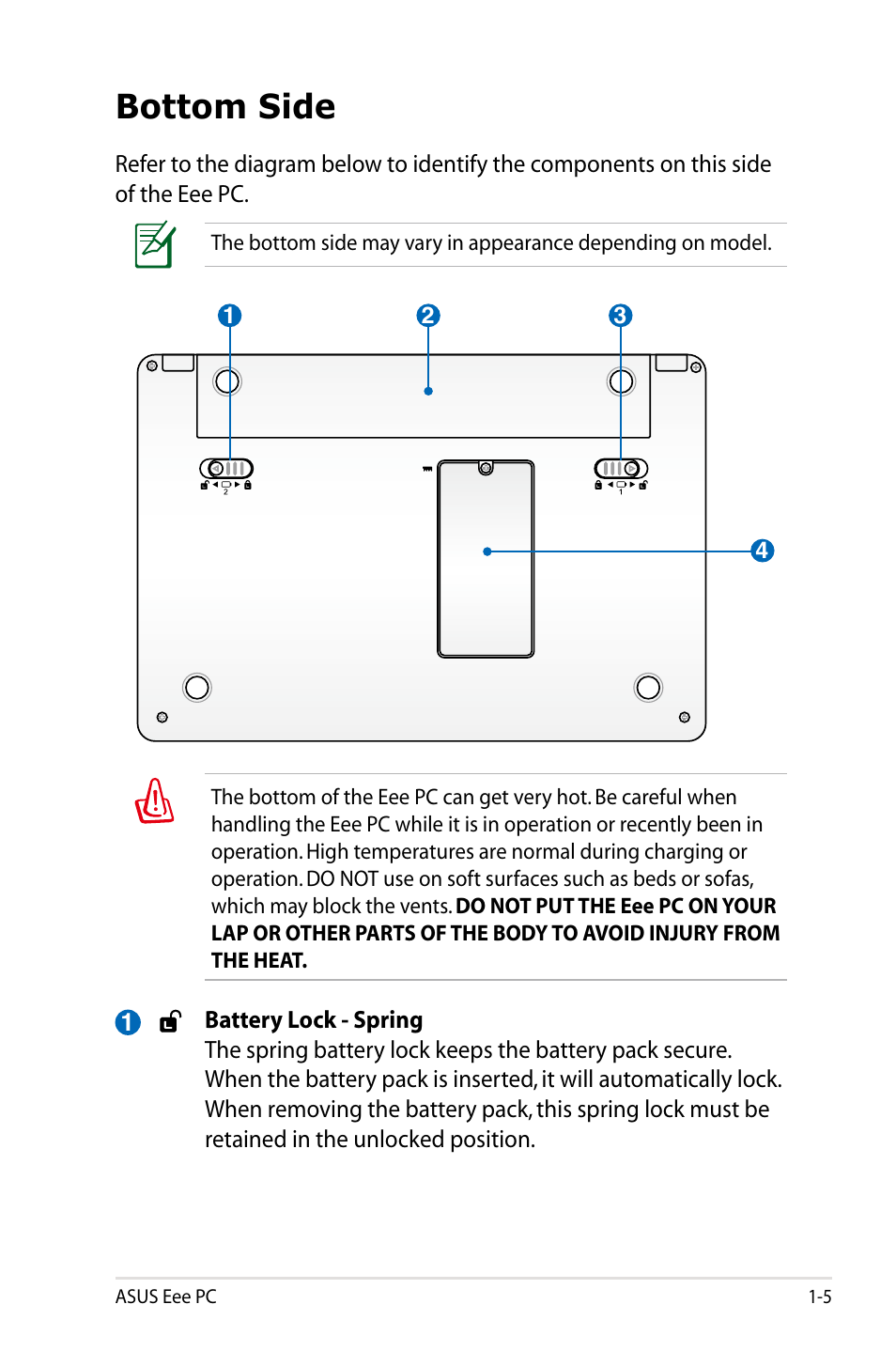 Bottom side, Bottom side -5 | Asus Eee PC 1005HAB User Manual | Page 13 / 82