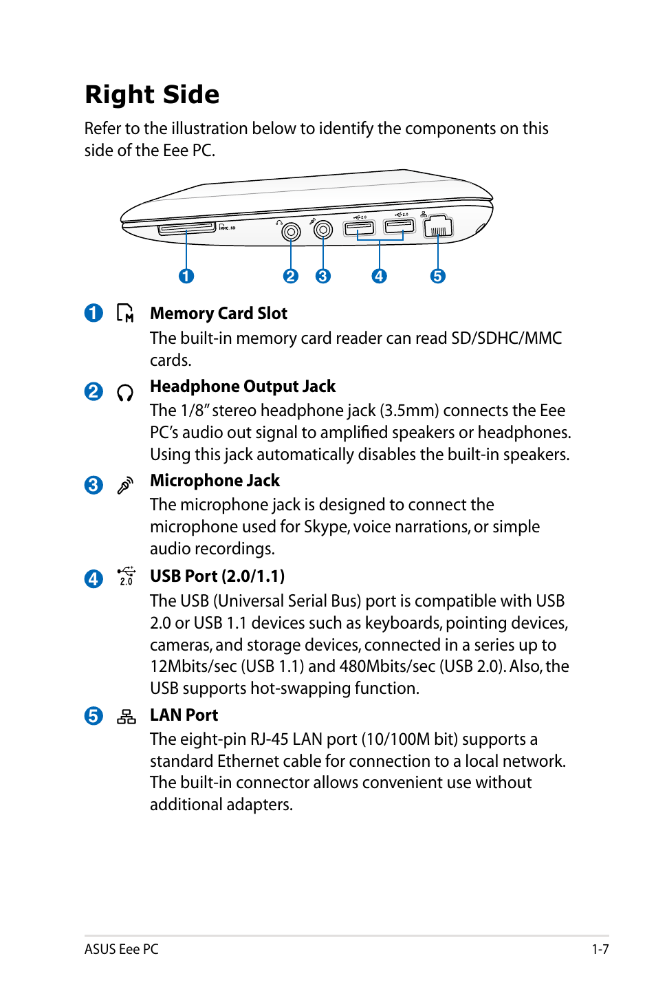 Right side, Right side -7 | Asus Eee PC 1005HAB User Manual | Page 15 / 82