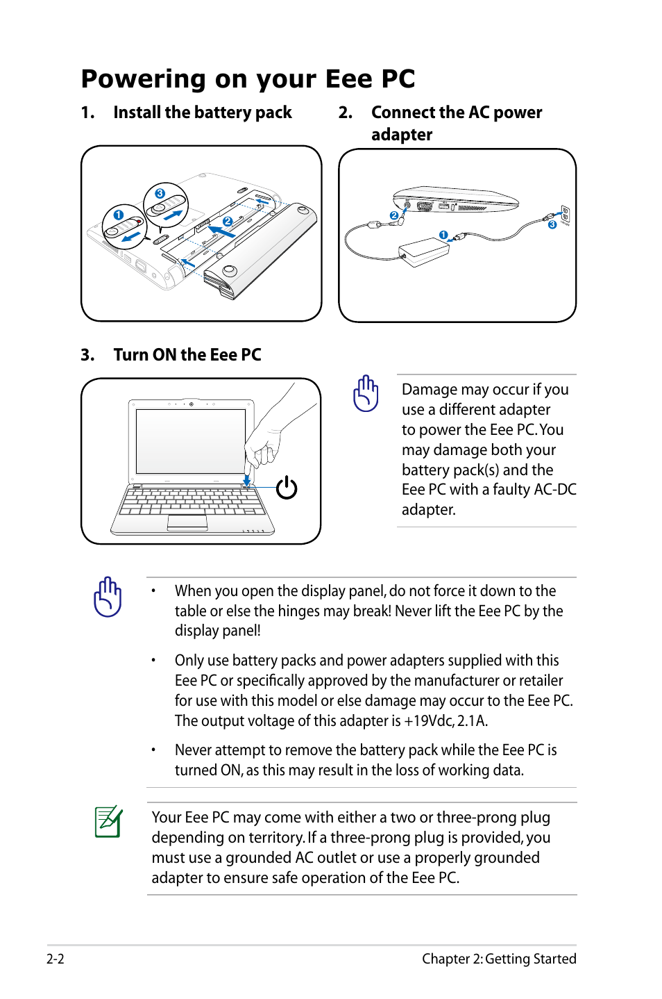 Powering on your eee pc, Powering on your eee pc -2 | Asus Eee PC 1005HAB User Manual | Page 22 / 82