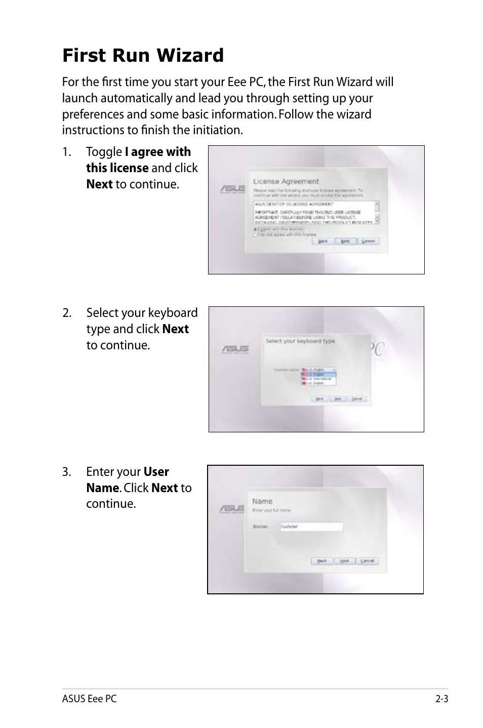 First run wizard, First run wizard -3 | Asus Eee PC 1005HAB User Manual | Page 23 / 82