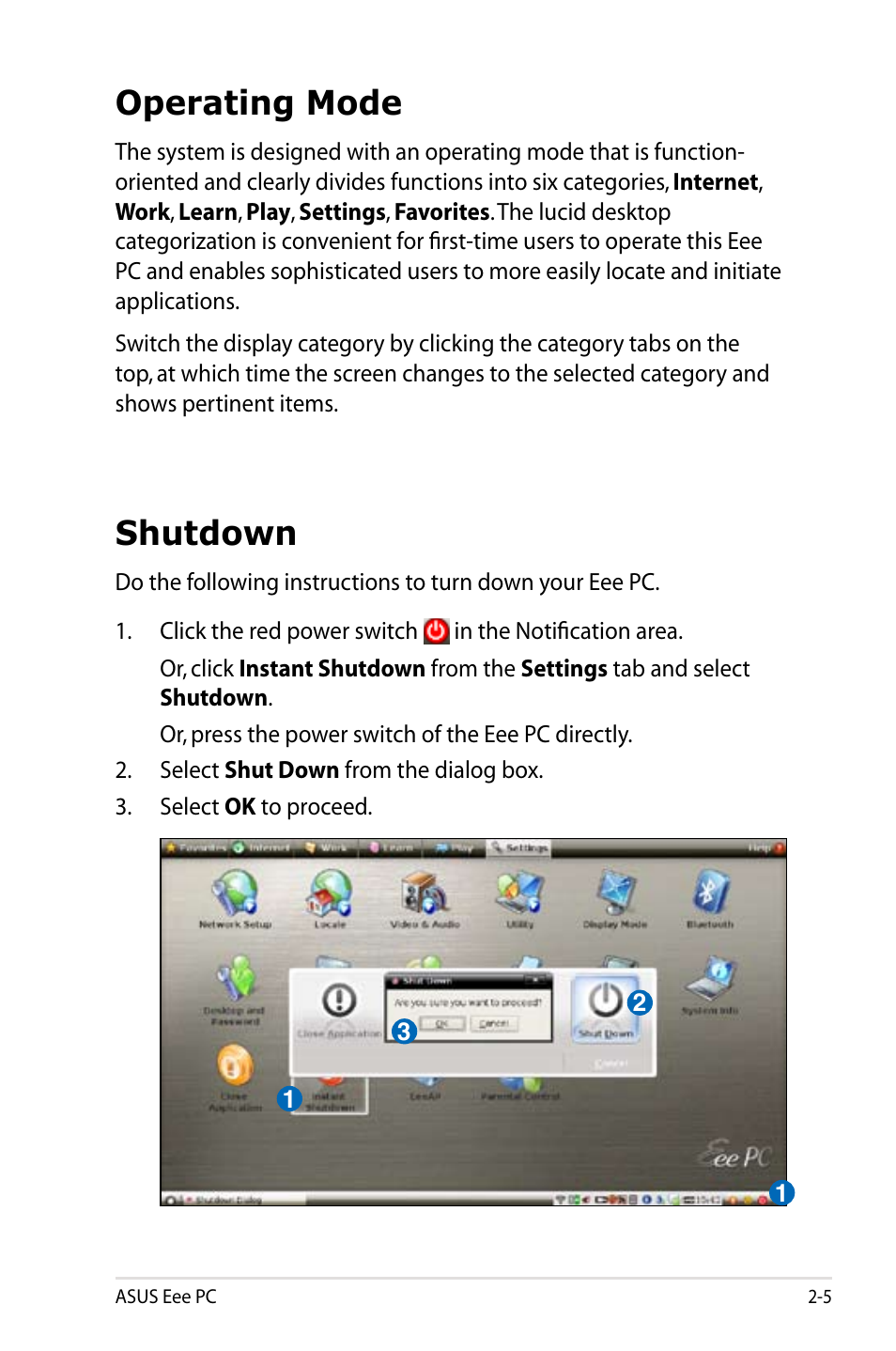 Operating mode, Shutdown, Operating mode -5 shutdown -5 | Asus Eee PC 1005HAB User Manual | Page 25 / 82