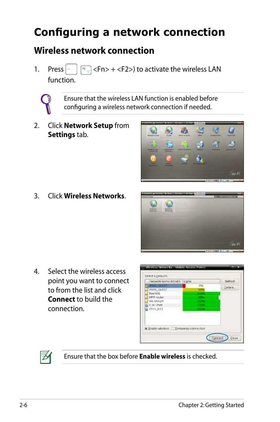 Configuring a network connection, Wireless network connection, Configuring a network connection -6 | Wireless network connection -6 | Asus Eee PC 1005HAB User Manual | Page 26 / 82