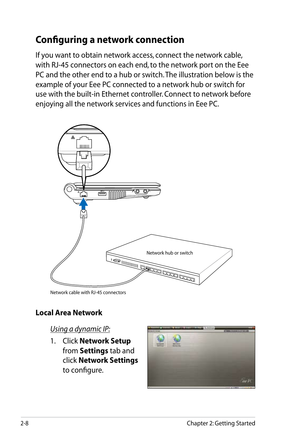 Configuring a network connection, Configuring a network connection -8 | Asus Eee PC 1005HAB User Manual | Page 28 / 82