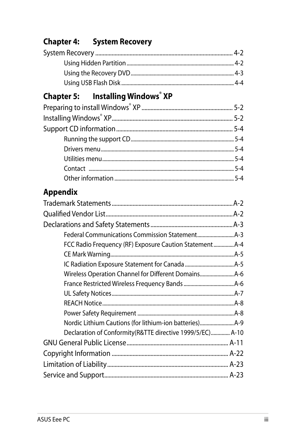 Chapter 4: system recovery, Chapter 5: installing windows, Appendix | Asus Eee PC 1005HAB User Manual | Page 3 / 82