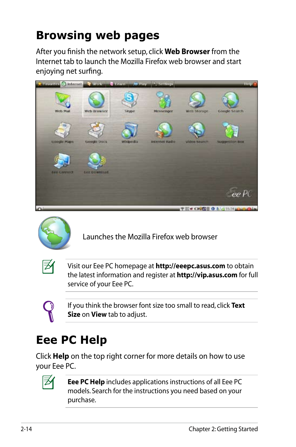 Eee pc help, Browsing web pages | Asus Eee PC 1005HAB User Manual | Page 34 / 82