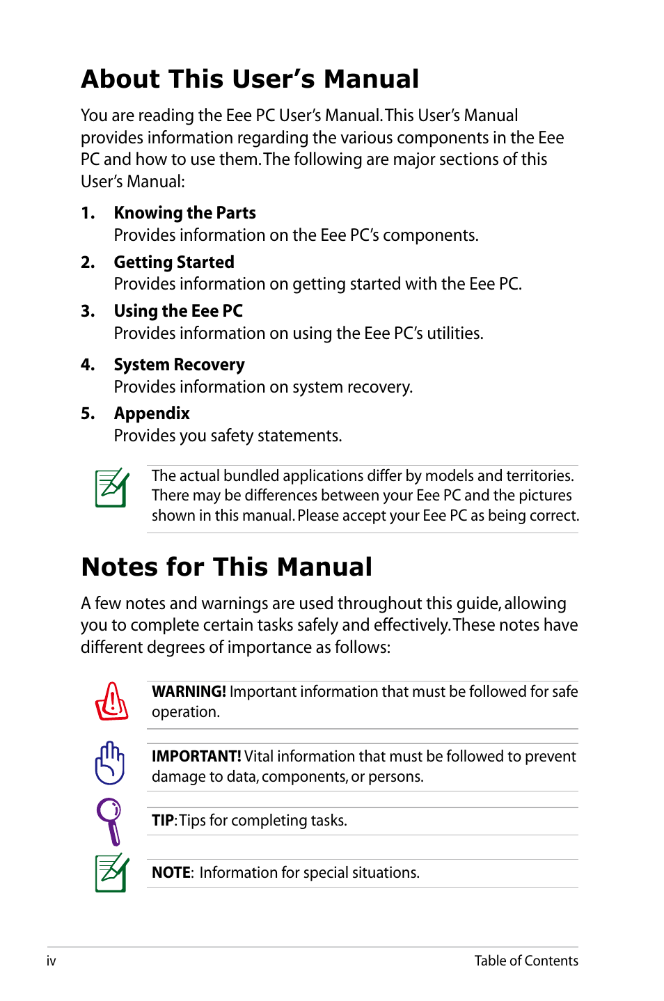 About this user’s manual, Notes for this manual | Asus Eee PC 1005HAB User Manual | Page 4 / 82