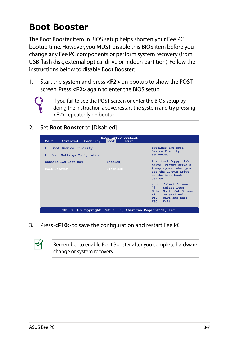 Boot booster, Boot booster -7, Set boot booster to [disabled | Asus eee pc 3-7 | Asus Eee PC 1005HAB User Manual | Page 43 / 82