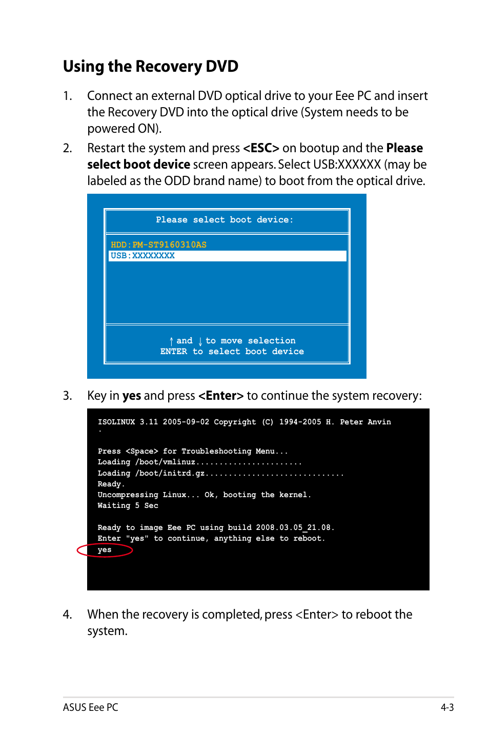 Using the recovery dvd, Using the recovery dvd -3 | Asus Eee PC 1005HAB User Manual | Page 49 / 82