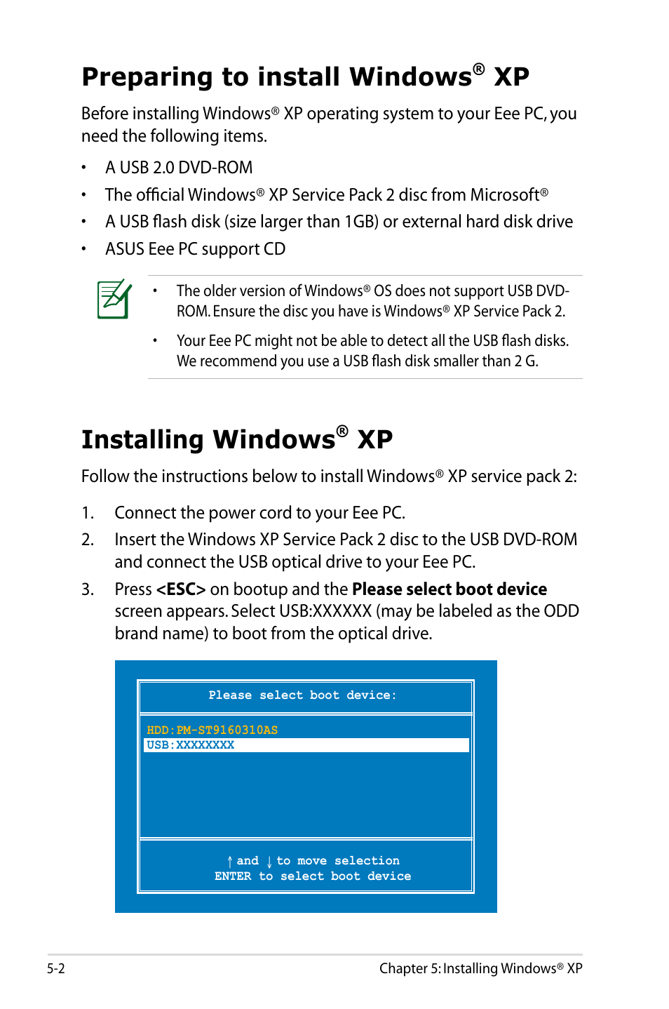 Preparing to install windows® xp, Installing windows® xp, Preparing to install windows | Xp -2, Installing windows | Asus Eee PC 1005HAB User Manual | Page 56 / 82