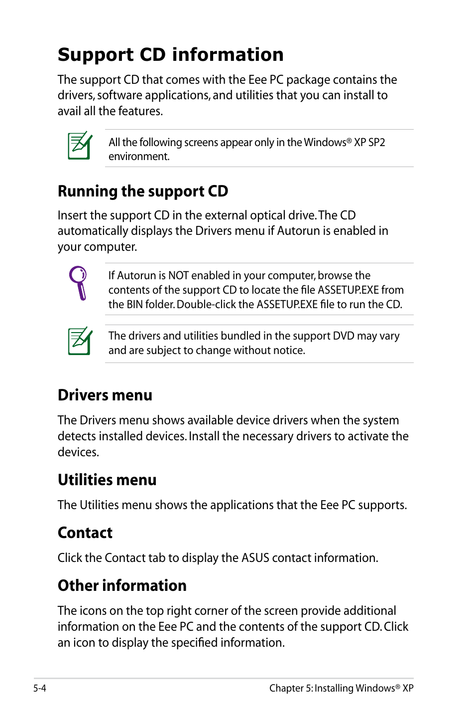 Support cd information, Running the support cd, Drivers menu | Utilities menu, Contact, Other information, Support cd information -4 | Asus Eee PC 1005HAB User Manual | Page 58 / 82