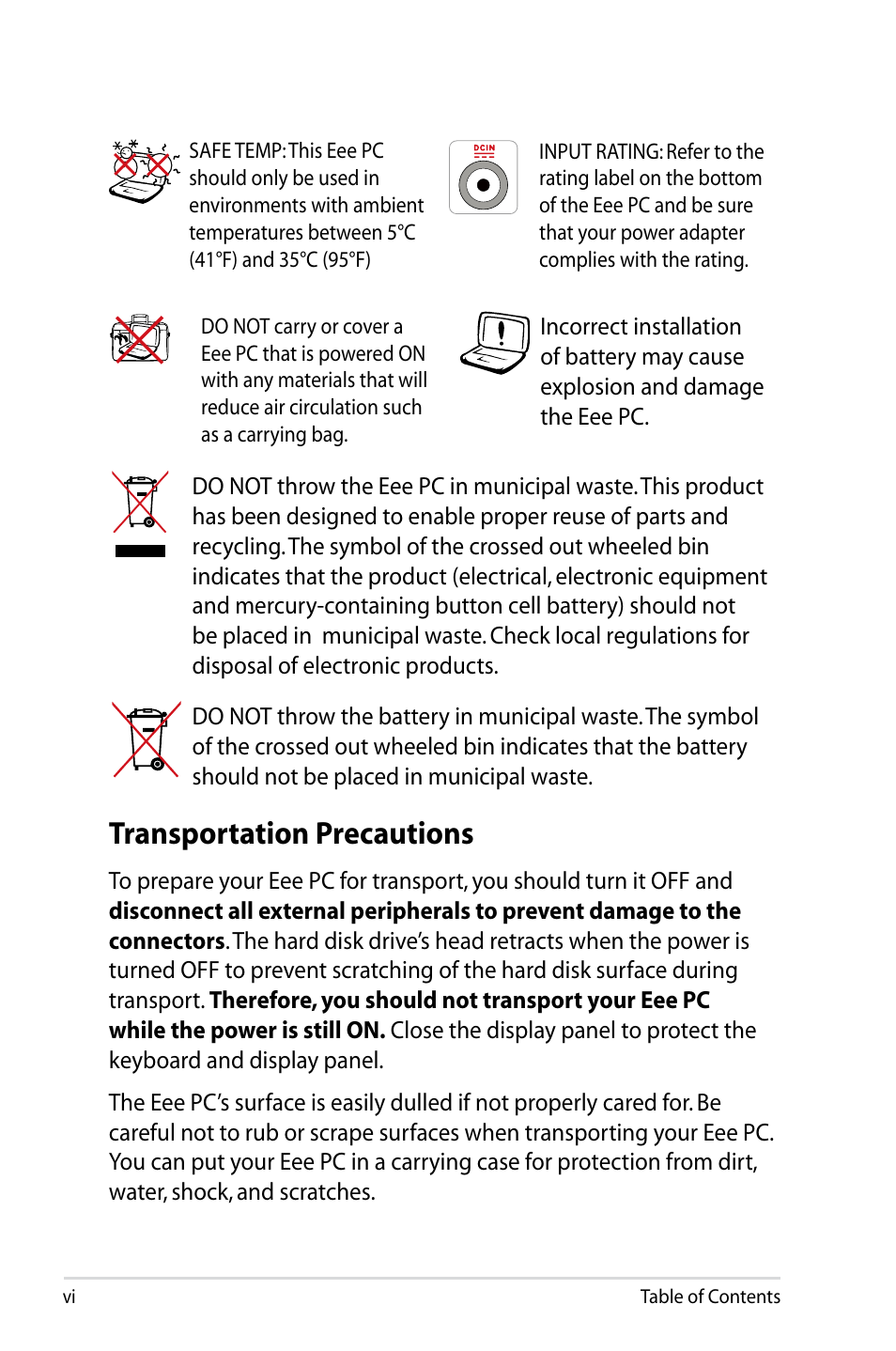 Transportation precautions | Asus Eee PC 1005HAB User Manual | Page 6 / 82