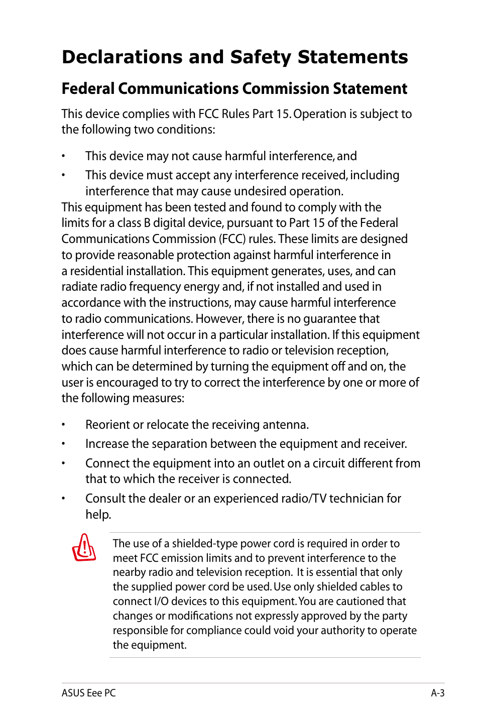 Declarations and safety statements, Federal communications commission statement | Asus Eee PC 1005HAB User Manual | Page 61 / 82