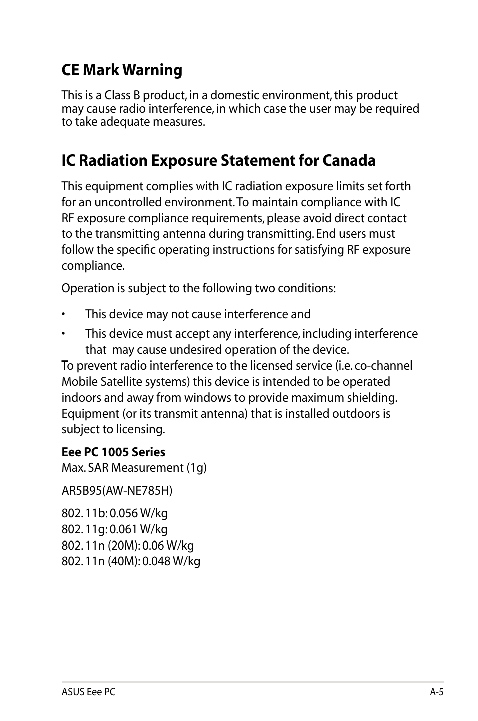 Ce mark warning, Ic radiation exposure statement for canada | Asus Eee PC 1005HAB User Manual | Page 63 / 82