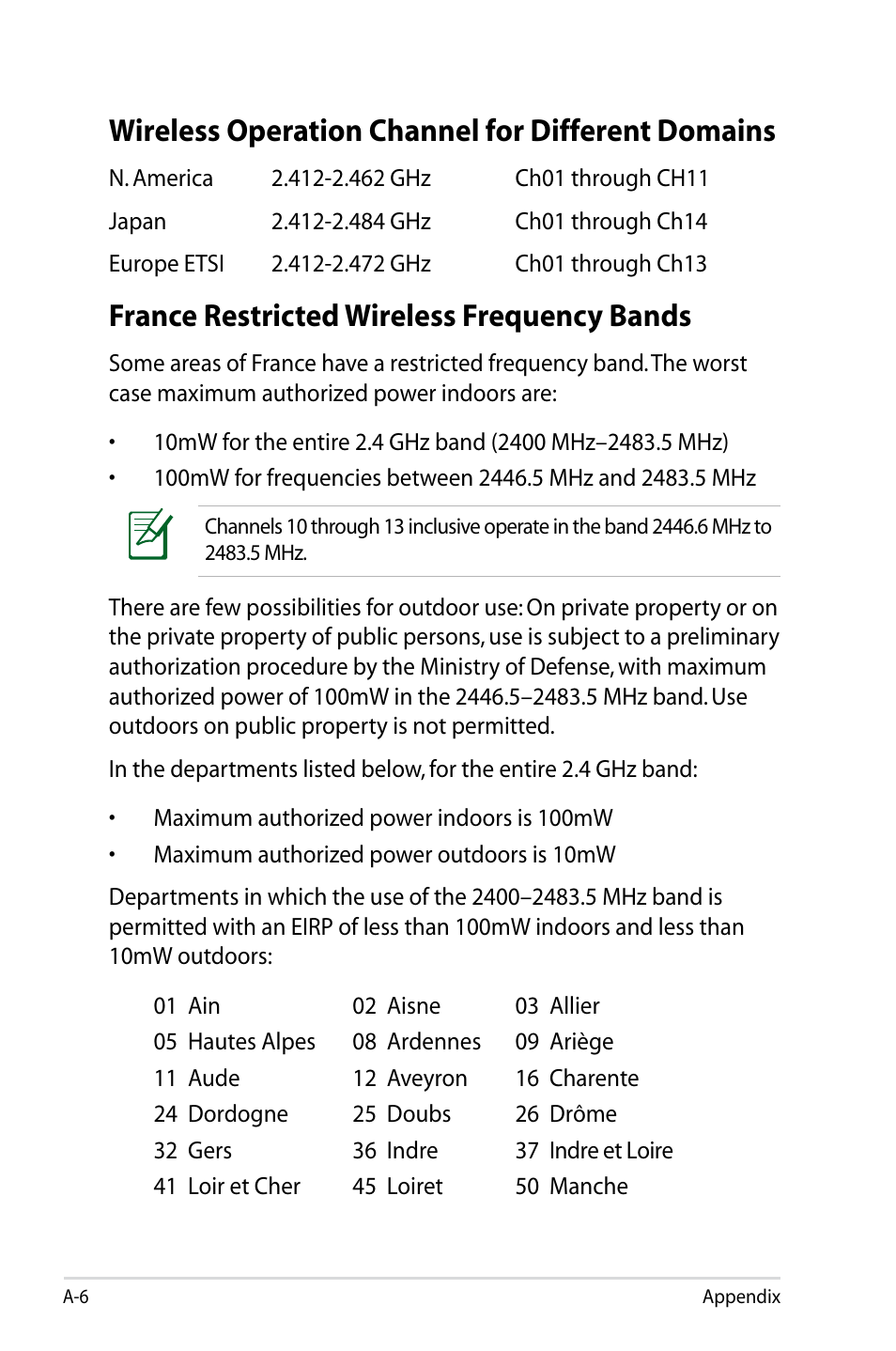 Wireless operation channel for different domains, France restricted wireless frequency bands | Asus Eee PC 1005HAB User Manual | Page 64 / 82