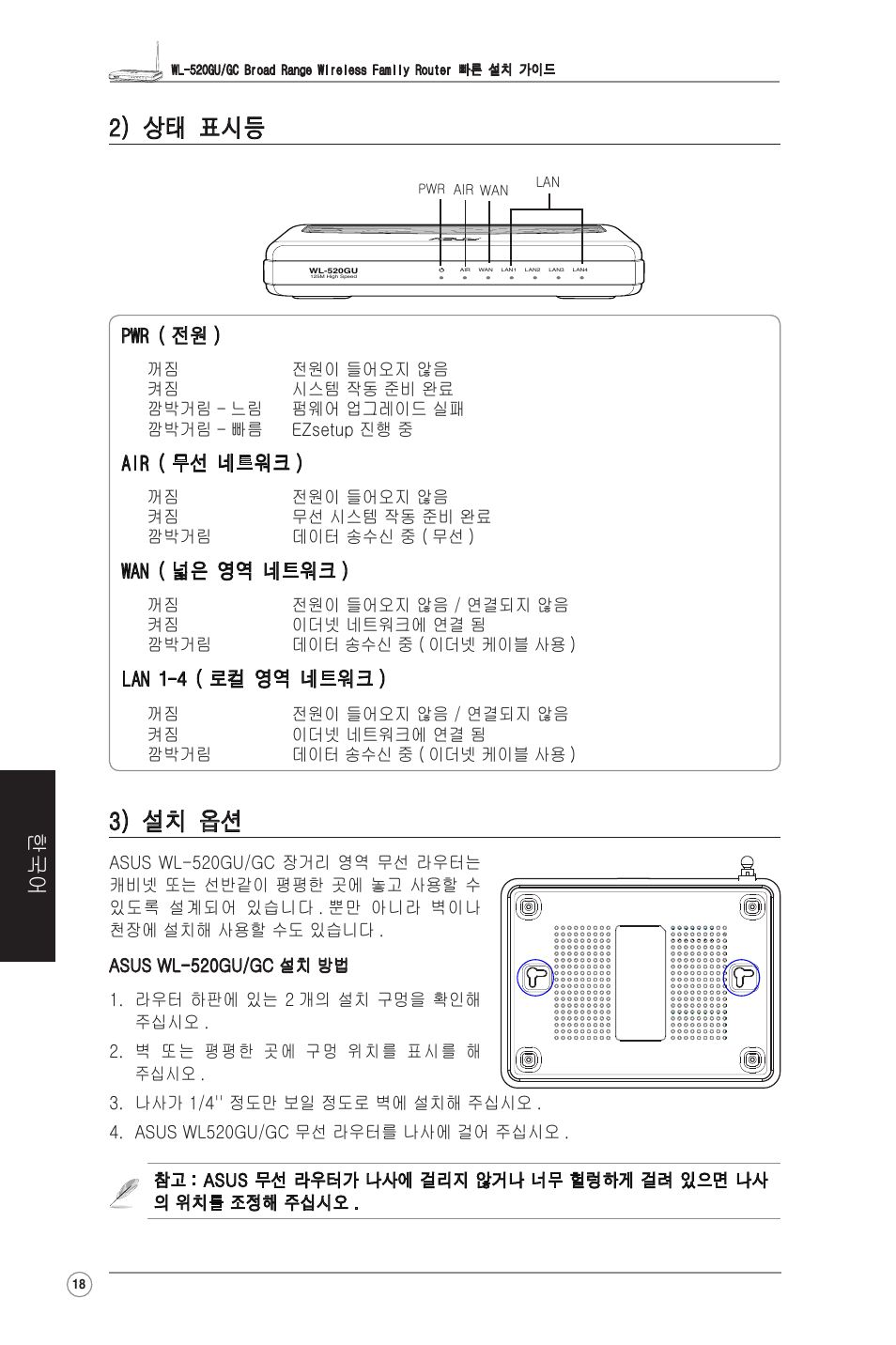 2) 상태 표시등, 3) 설치 옵션, Pwr ( 전원 ) | Air ( 무선 네트워크 ), Wan ( 넓은 영역 네트워크 ), Lan 1-4 ( 로컬 영역 네트워크 ) | Asus WL-520GC User Manual | Page 23 / 30