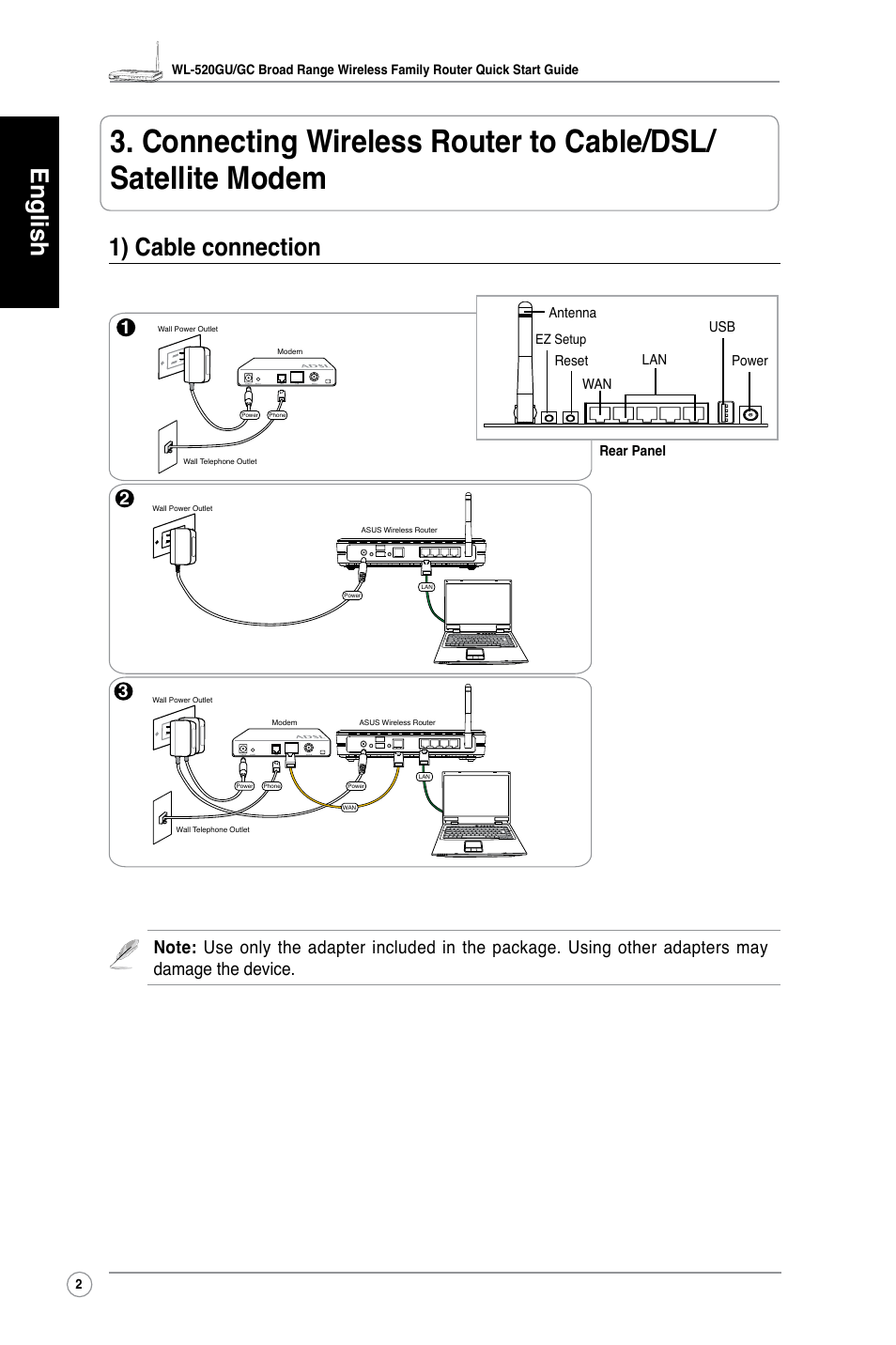 English, 1) cable connection | Asus WL-520GC User Manual | Page 7 / 30