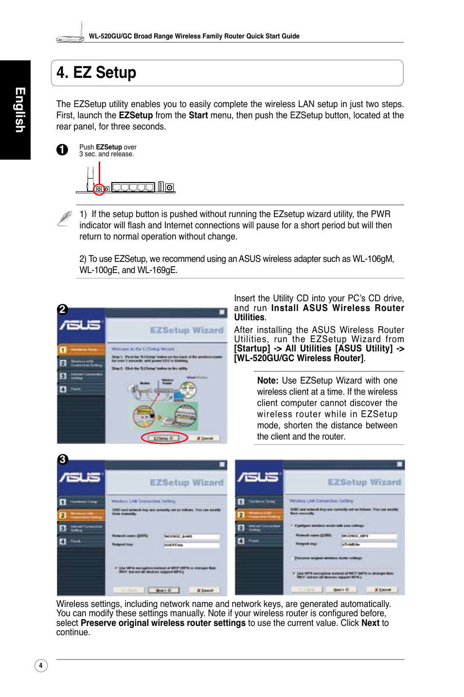 Ez setup, English | Asus WL-520GC User Manual | Page 9 / 30