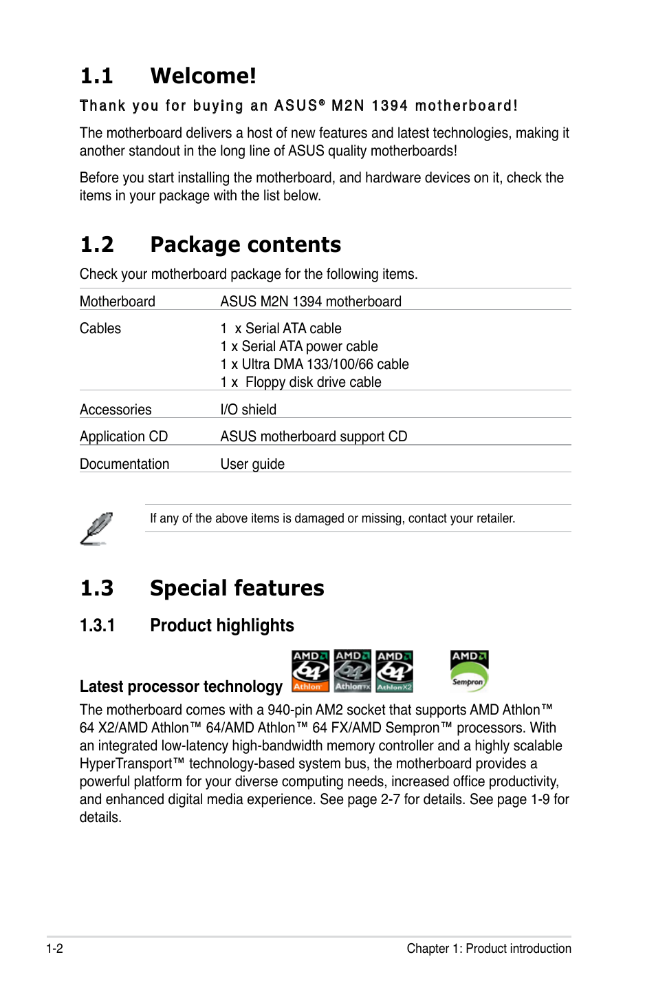 1 welcome, 2 package contents, 3 special features | 1 product highlights | Asus M2N 1394 User Manual | Page 12 / 88