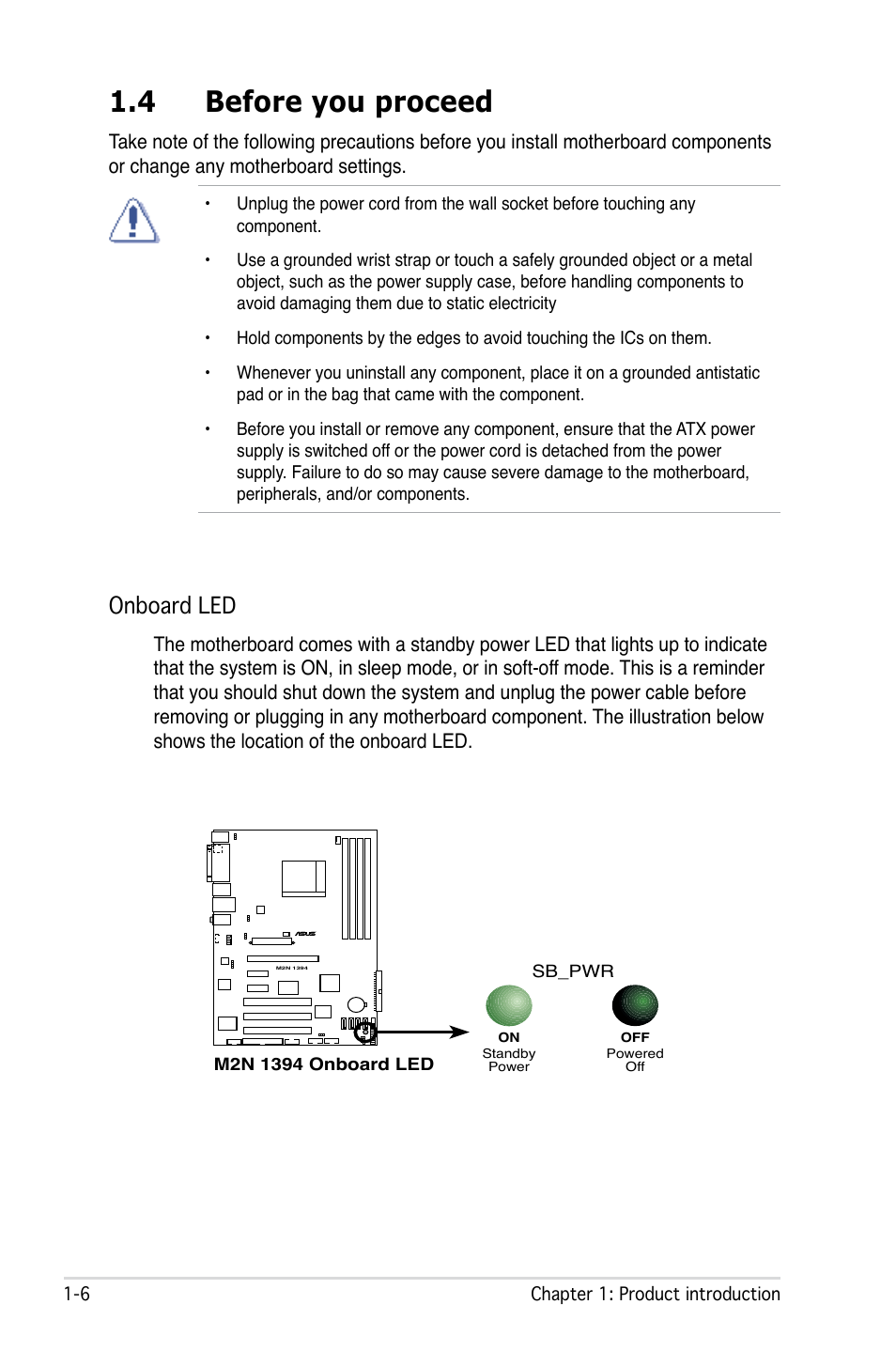 4 before you proceed, Onboard led | Asus M2N 1394 User Manual | Page 16 / 88