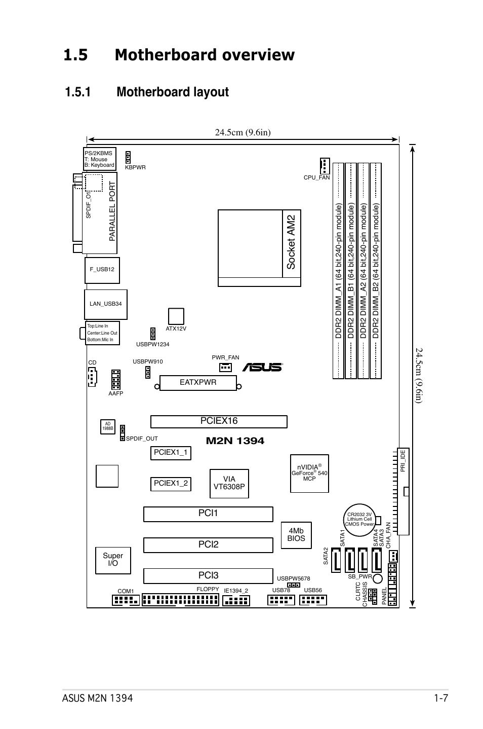 5 motherboard overview, 1 motherboard layout, Socket am | 5cm (9.6in), Pciex16, Pci1, Pci pci3 | Asus M2N 1394 User Manual | Page 17 / 88