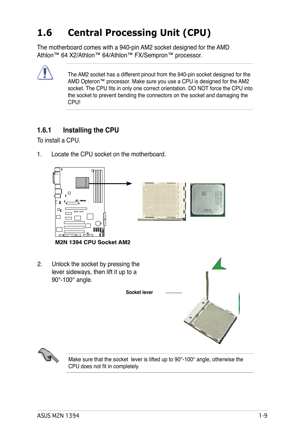 6 central processing unit (cpu), 1 installing the cpu | Asus M2N 1394 User Manual | Page 19 / 88