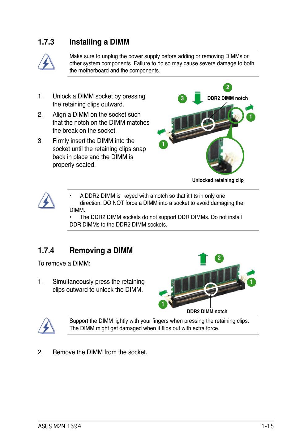 3 installing a dimm, 4 removing a dimm | Asus M2N 1394 User Manual | Page 25 / 88