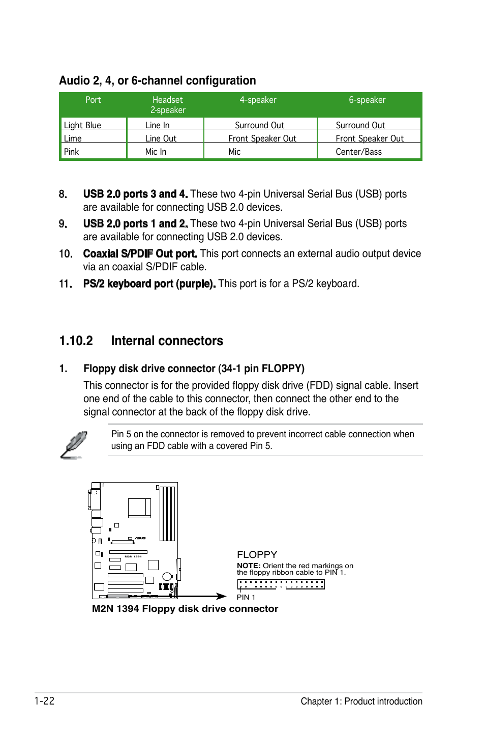 2 internal connectors, Audio 2, 4, or 6-channel configuration | Asus M2N 1394 User Manual | Page 32 / 88