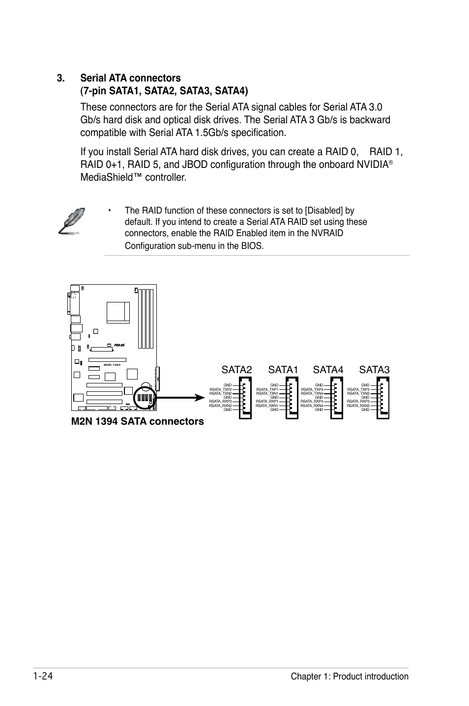 Mediashield™ controller, Sata1, Sata | Sata4, Sata3, 24 chapter 1: product introduction | Asus M2N 1394 User Manual | Page 34 / 88