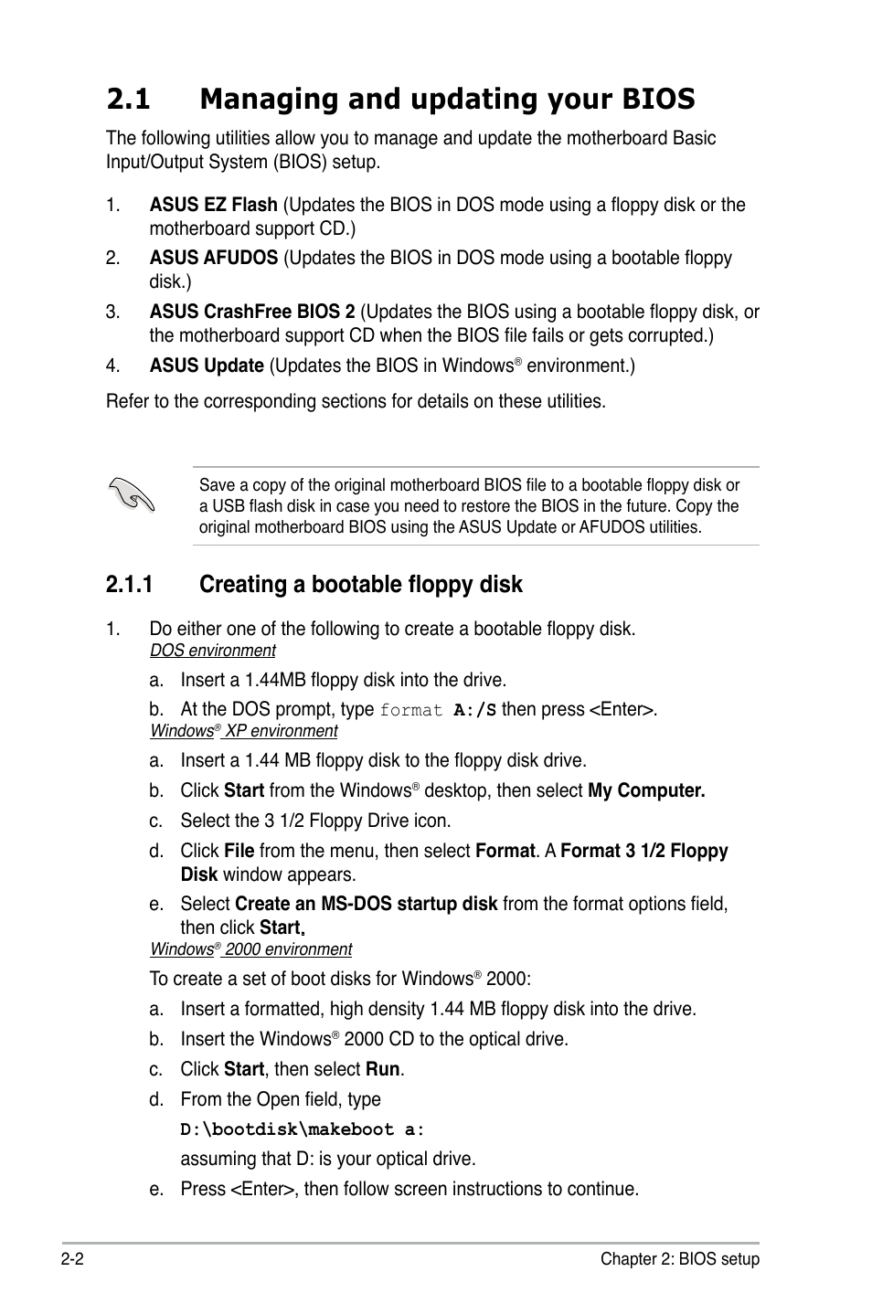 1 managing and updating your bios, 1 creating a bootable floppy disk | Asus M2N 1394 User Manual | Page 42 / 88