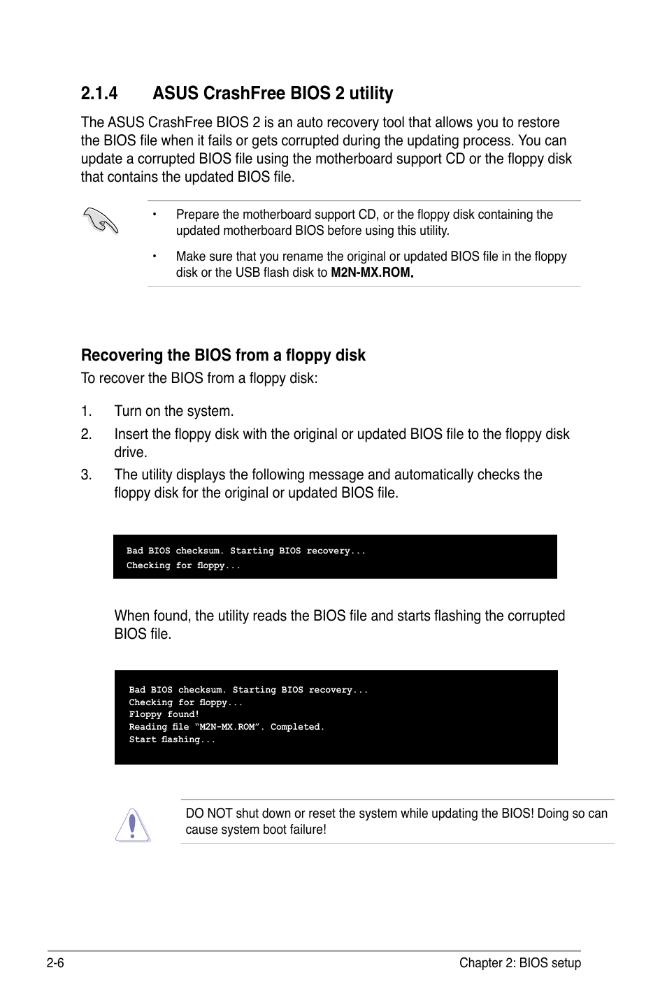 4 asus crashfree bios 2 utility, Recovering the bios from a floppy disk | Asus M2N 1394 User Manual | Page 46 / 88